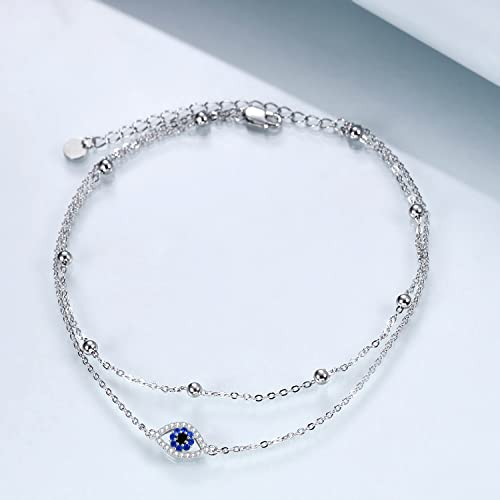 POPLYKE 925 Sterling Silver Double Layered Chain Evil Eye Daisy Sunflower Butterfly Anklets for Women Holiday Beach Crystal Ankle Bracelet Dainty Evil Eye Jewelry - style: Evil Eye Anklet