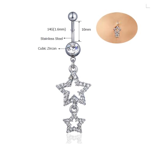 14G Sparkle Star Dangle Belly Button Rings for Women Surgical Steel Belly Navel Piercing Barbell Dangling Body Piercing Jewelry