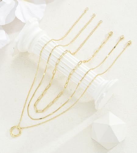 YEEZII Layered Gold Necklaces for Women Trendy, 3 Pcs 14K Gold Plated Choker Paperclip Box Chain Necklace, Stackable Women's Gold Pendant Necklaces Jewelry Set - color: Gold-3 pcs Circle