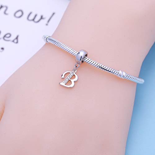925 Sterling Silver Charms Alphabet Beads fit Pandora Charm Bracelets A-Z Letter Initial Spacer Dangle Clear CZ Stone Authentic for Snake Chain Bracelets - color: B