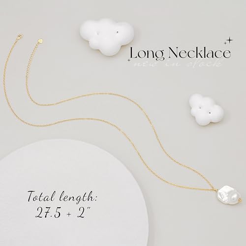 PEARLADA 18k Gold Plated Chain Long Necklace, Boho Sweater Necklace for Women, Geometric Pendant Y Necklace - color: Baroque Pearl