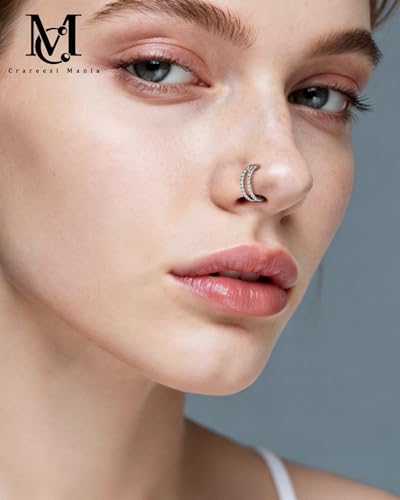Nose Ring Hoop, 316L Stainless Steel Double Nose Rings, 20G Nose Piercing Jewelry for Women, Clear CZ Helix Cartilage Septum Nose Hoops - color: Silver-7mm