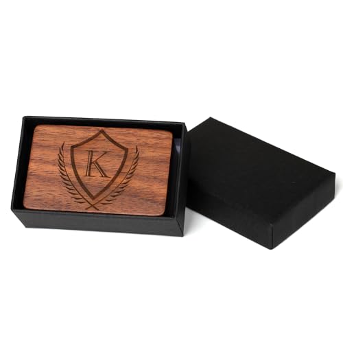 Mens Initial Cufflinks and Tie Clip A-Z Alphabet Letter Black Stainless Cuff Links Tie Bar with Engraved Walnut Wood Box Groom Groomsman Wedding Set - style: Classic-K