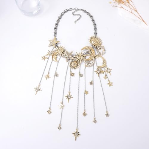 Vintage Exaggerated Alloy Zirconia Moon Star Multi-Pendant Tassel Necklace, Luxury High-End Style, Elegant Jewelry for Women