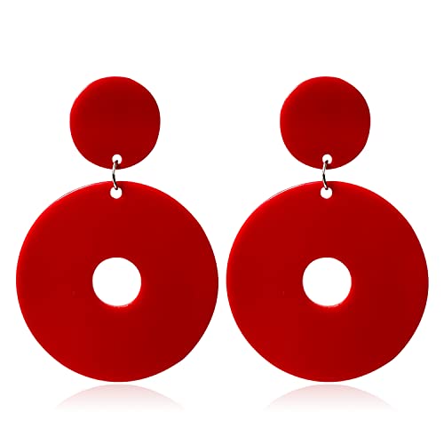 Retro Simple Acrylic Neon Earrings Hollow Round Dangle Drop Earrings for Women Girls Resin Geometric Statement Earrings 70s 80s Earrings Party Jewelry - color: red