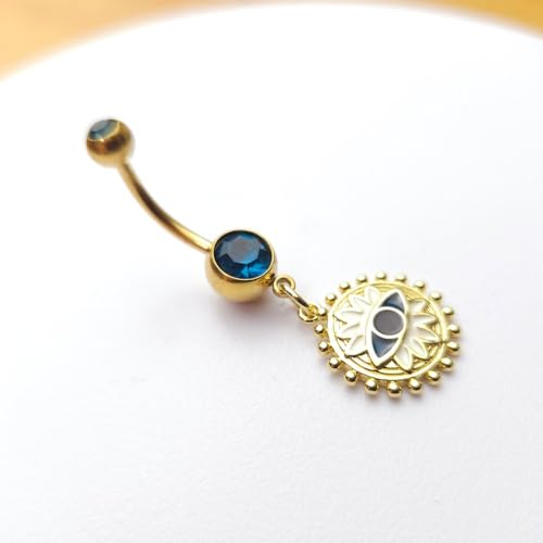 14G Blue CZ Evil Eye Sun Heart Dangle Belly Button Rings for Women 14K Gold Plated Surgical Steel Belly Navel Barbell Enamel Starry Sky Colorful Crystal Dangling Navel Rings Belly Piercing Jewelry - style: Style3