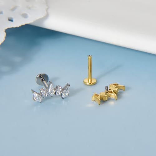 Lantine G23 Titanium Helix Piercing Jewelry Opal 16g Flat Back Stud Earrings Climber Labret Cartilage Tragus Daith Piercing Jewelry - color: 5 Cz-Gold, size: 16g 8mm