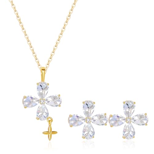 14K Gold Plated | 14K Platinum Plated Necklace for Women Necklace Earrings Set with Sparkling Zircon Inlay and Silver Post Earrings - color: Cross fringe set gold