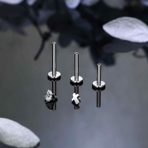 Titanium Flat Back Lip Rings Internally Threaded Earrings Studs Nose Rings 16G Cross Curve Stripe Tragus CZ Cartilage Lobe Rook Helix Conch Labret Medusa Piercing Jewelry for Women Men - style: Cross