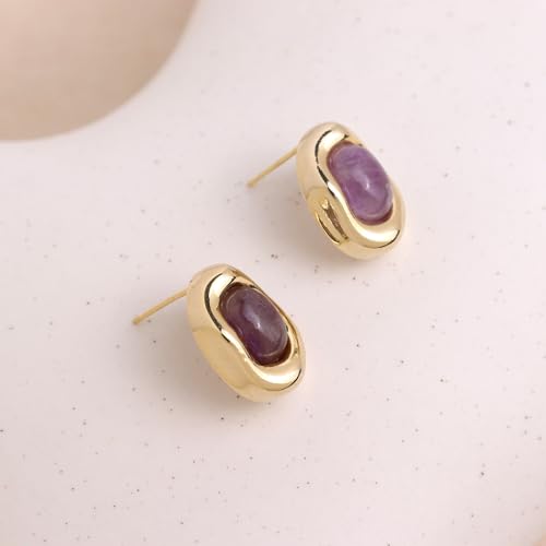 Jean Beau Chunky Gold Stone Stud Earrings for Women, Trendy Natural Gemstone Hypoallergenic Earing Valentine Jewelry Gift - color: Amethyst Purple