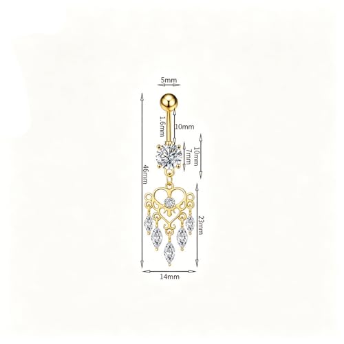 14G Boho Dangle Belly Button Ring, Stainless Steel Tassel Crystal Love Heart Chandelier Navel Piercing Barbell Belly Rings Body Piercings Jewelry for Women - color: Gold