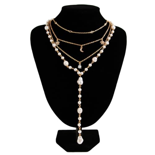 Faux Pearl Necklaces for Women, Dainty Gold Tone Necklace Long Lariat Y Necklace Layered Sun Moon Pendant Necklace Cuban Chain Faux Pearl Drop Necklaces Minimalist Jewelry for Women