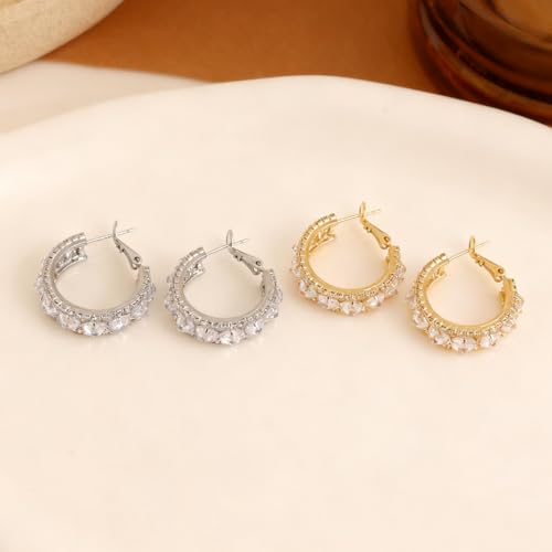 Sonateomber Gold Chunky Crystal Hoop Earrings for Women, Trendy Statement Sparkly CZ Rhinestone Thick Open Hoops Earings Hypoallergenic Wedding Prom Everyday Accessories Fashion Jewelry Gift - color: Silver CZ