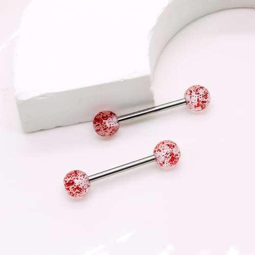 VERAMI 14G 316L Double Chain Connecting Heart CZ Nipple Rings Stainless Steel Skull Angel Piercing Barbell Body Pierced Jewelry for Women - color: Red CZ