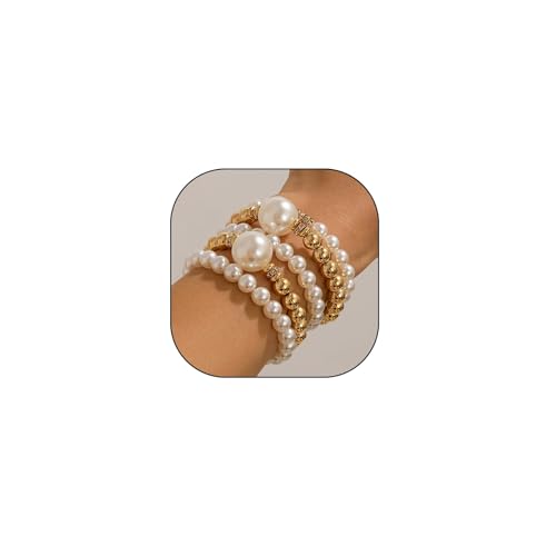 GIGB PBDK Chunky Pearl Bracelets for Women Stackable Gold Pearl Beaded Stretch Bracelets Exaggerated Big Pearl Ball Bracelet Set Trendy Birthday Jewelry Gifts - color: Gold