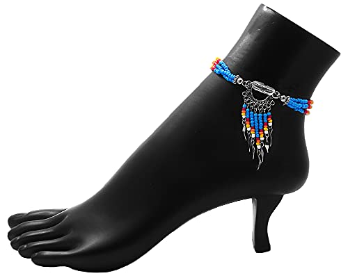 Mia Jewel Shop Native American Inspired Wire Wrapped Clear Quartz Crystal Seed Beaded Dangle Multi Strand Anklet - Womens Fashion Handmade Jewelry Boho Accessories - color: Turquoise