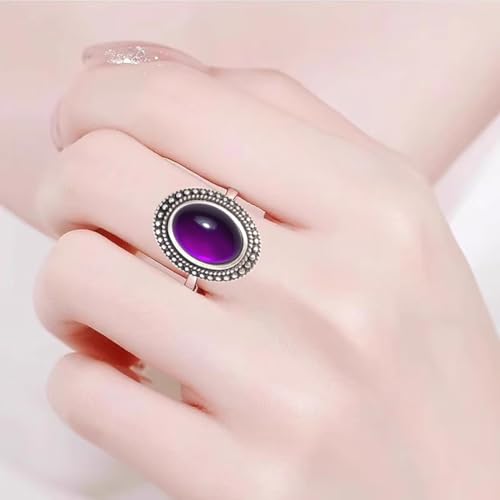 Natural Oval Stone Boho Ring,Retro Antique S925 Sterling Silver Crystal Quartz Gemstone Bohemian Statement Handmade Ring Jewelry for Women Her - color: B02_Uruguay Amethyst