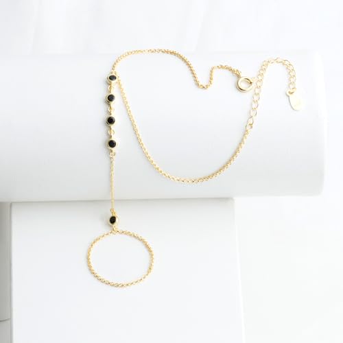 Kakikaki 925 Sterling Silver Finger Ring Bracelet Hand Chain for Women | Slave Bracelets 7" to 9" Adjustable - color: Gold, style: 5 Black