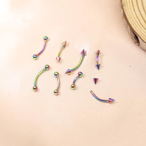 BLISI G23 Solid Titanium Eyebrow Piercing Jewelry, Gold Black Rose Gold Silver Pink Rainbow Eyebrow Rings 16G Curved Barbell,Tiny Vertical Labret Lip Jewelry Rook Piercing Jewelry for Women and Men - color: Rainbow 1