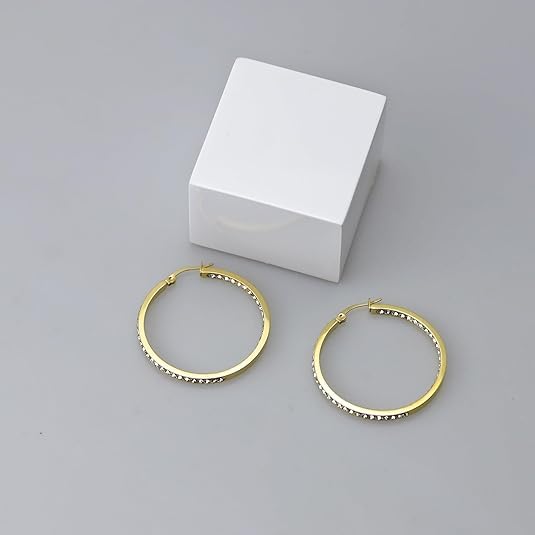 Stainless Steel Inside Out 40mm Hoop Earrings for Women – Sparkling CZ Crystal Hoops, Hypoallergenic, Lightweight, Modern Everyday Earrings – Silver, 18K Gold Plated, & Black Options - color: 18K Gold Plated