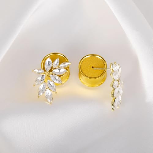 Vankula 2PCS Ear Gauges Tunnels Plugs with Cubic Zirconia Dangle Stainless Steel Hypoallergenic DIY Ear Expander Stretcher Body Piercing Jewelry for Wedding - color: Gold, size: 12mm(1/2")