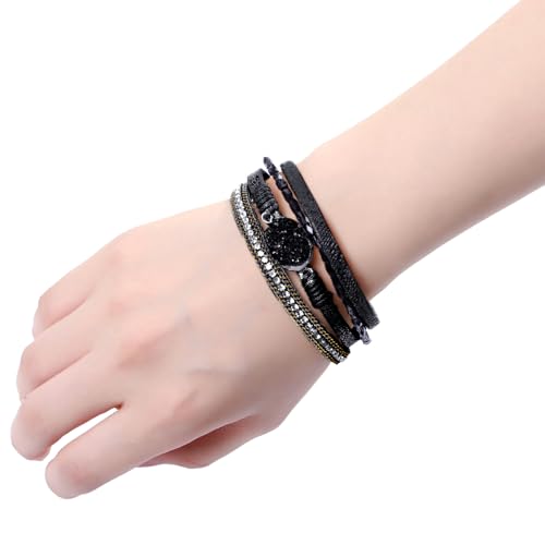 Fesciory Leather Wrap Bracelet for Women, Boho Western Layered Cuff Jewelry | Stackable Bracelets, Easy-On Clasp, Daily Wear, Pairs with Boho Western Outfits, Gift for Women - color: Black12