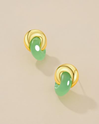 Small Twist Interlock Chunky 18K gold plated Gemstone Natural Stone (Brown, Green, Pink, White) Statement Earrings for Women by SNGIA, Dainty Love Knot Tiger Eye Amber Jade Tourmaline Bold Handmade Exaggerated Dome Retro Rounded Button Half Ball Trendy Bo