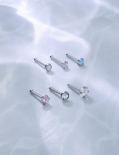 6 Pcs 18G 20G Surgical Steel Nose Rings Studs for Women Opal Nose Rings Diamond CZ Nose Studs L Shaped Nose Nostril Piercing Jewelry Hypoallergenic - style: 20G,Straight