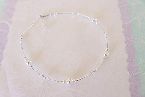 Anklet White Pearl & Iridescent Crystal Sterling Silver Beach Wedding Bridesmaid Anniversary Gift - style: Large 9 1/2 to 11"
