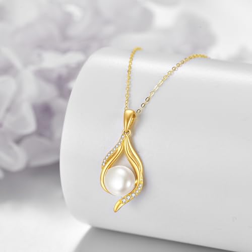 DOVRAN 14k Gold Pearl Necklace for Women Solid Gold Freshwater Pearl Pendant 8mm Pearl Jewelry Gift Christmas