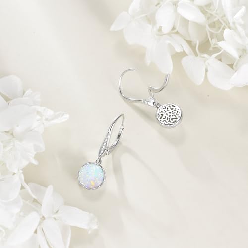 925 Sterling Silver 8mm Pearl Dangle Drop Earrings Moonstone Larimar Opal Rose Quartz Black Pearl Leverback Earrings for Women Christmas Gifts for Her - style: Opal Earrings