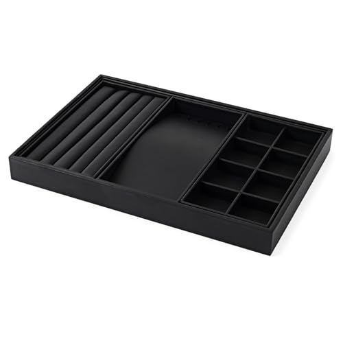 Oirlv Leather Multi-Function Jewelry Tray Black | Versatile Compartments for Rings/Earrings/Bracelets, Stackable Design - style: P01708