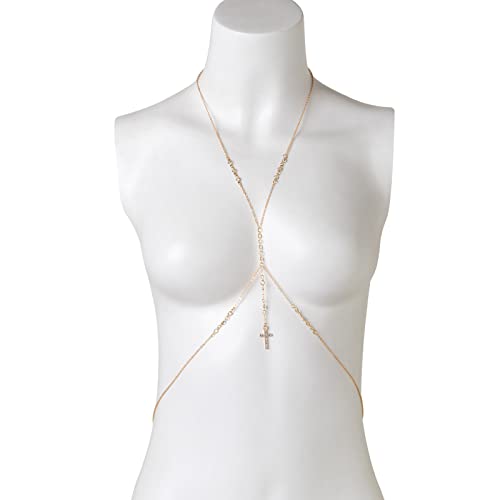 Summer Beach Crystal Cross Pendant Bra Body Chest Chain Rhinestone Long Tassel Waist Body Chain Necklace Sexy Crystal Belly Chain Jewelry for Women - color: Gold