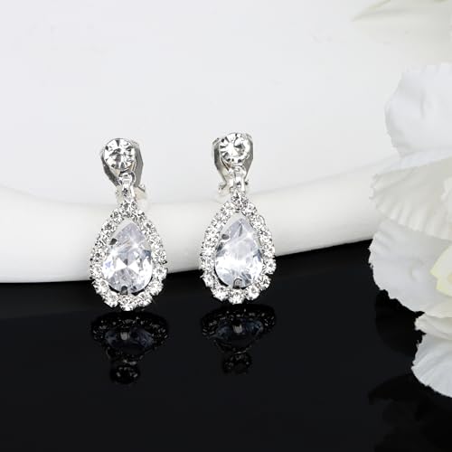 CIEHER Silver 2/3 Pieces Women Jewelry Set - Drop Necklace + Crystal Teardrop Dangle Earring Clips, Crystal Clip On Earrings Silver Non Pierced - style: Clip On - Style B