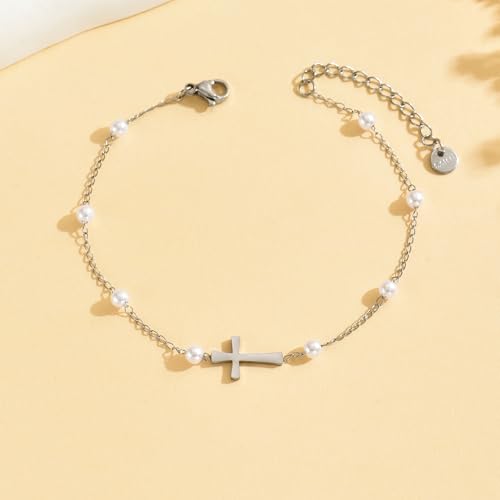 Ankle Bracelets for Women, 18K Gold Plated Dainty Waterproof Cross Anklets, Pearl Beaded Link Chain Anklet for Women Non Tarnish, Summer Beach Foot Jewelry, Christmas Gifts - color: Pearl Cross-White Gold