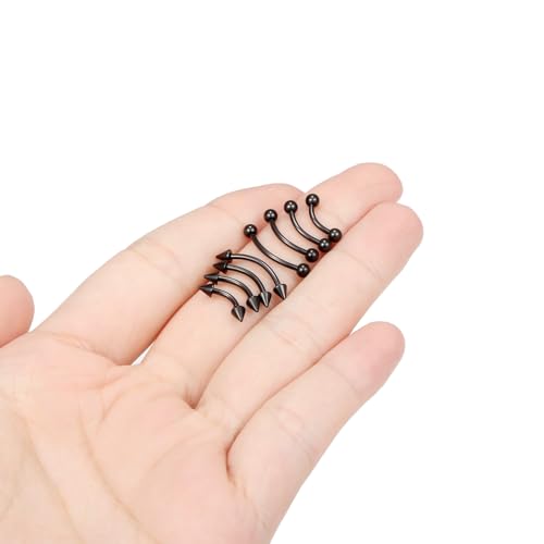 Eyebrow Piercing Jewelry Surgical Steel Vertical Labret Lip Jewelry Curved Barbell Tiny Eyebrow Ring Ear Rook Navel Small Belly Button Ring for Women Men 16g Bar Length 6mm/8mm/10mm/12mm - color: black,ball+spike