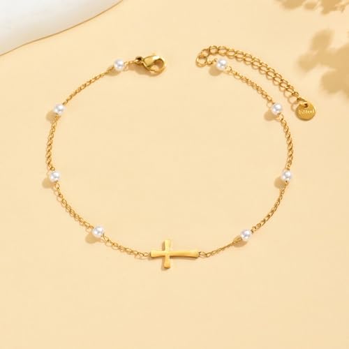 Ankle Bracelets for Women, 18K Gold Plated Dainty Waterproof Cross Anklets, Pearl Beaded Link Chain Anklet for Women Non Tarnish, Summer Beach Foot Jewelry, Christmas Gifts - color: Pearl Cross-Gold