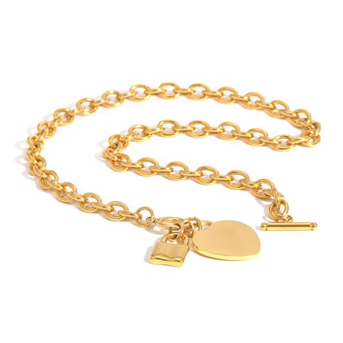 VNOX Personalized Initial Name Stainless Steel Trendy Cable Chain Bracelet Neckalce Set with Padlock Heart Charm and Toggle Clasp Closure - color: Gold Necklace