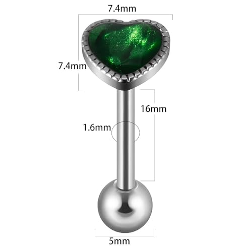 14G Green Aurora Heart Tongue Rings for Women Glitter 316L Stainless Steel Tongue Studs Barbell Cartilage Earrings Statement Body Piercing Jewelry