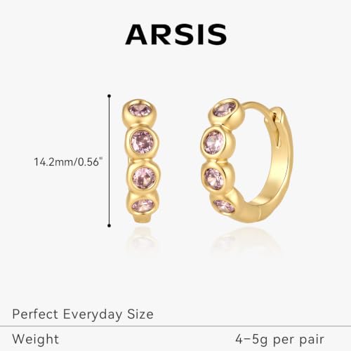 ARSIS Bubble Huggie Hoop Earrings for Women with Cubic Zirconia, Platinum/18K Gold Plated Bezel Hoop Earrings with Opal, Hypoallergenic Lightweight Jewelry, Clear/Ruby/Emerald Green/Aqua/Sapphire/Pink - color: Pink