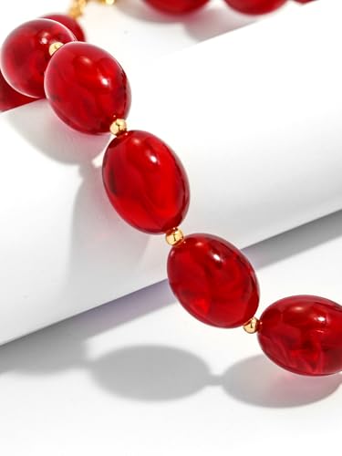 Chunky Beaded Necklaces for Women Statement Necklace | Bold Chunky Choker, Large Resin Beads, Adjustable Necklace, Boho Trendy Summer Beach Holiday Jewelry - color: Red-02
