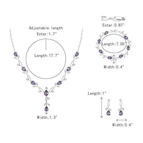 Crysdue Wedding Jewelry Set for Brides Bridesmaid, Cubic Zirconia Teardrop Marquise Leaf Cluster Pendant Necklace Bridal Tennis Bracelet Drop Earrings for Women Party Prom - style: A- CZ set-purple, silver