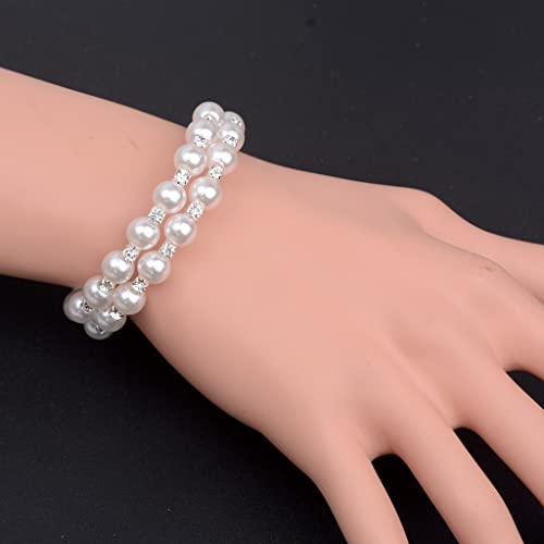 Multi Row Imitition Pearl Stretch Bracelet Stackable Crystal Strand Multi-Layered Elastic Bangle for Women 1920s Costume Vintage Bridal Wedding Jewelry-2 Rows