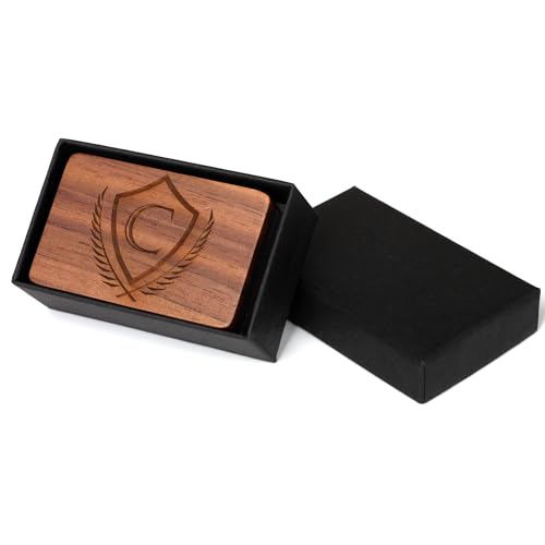 Mens Initial Cufflinks and Tie Clip A-Z Alphabet Letter Black Stainless Cuff Links Tie Bar with Engraved Walnut Wood Box Groom Groomsman Wedding Set - style: Classic-C
