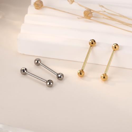 GAGABODY G23 Titanium 14G Tongue Piercing Nipple Jewelry Bridge Barbells | Internal Threaded Used in Nipple,Tongue,Bridge 14G Length from 12mm to 18mm Section Lightweight Daily Wear for Sensitive Skin - color: 1 Pair-Gold+Section Design Ball, size: 14G+9/