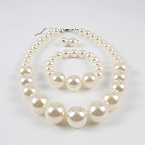 COLORFUL BLING Chunky Multicolor Simulated Pearl Choker Necklace Drop Dangle Earrings Bracelet Set Crystal Bib Big Large Round Beaded Strand for Women Brides Costume Statement 1920s Wedding Jewelry - color: White1