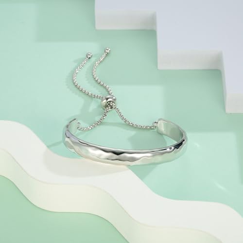 14K Gold Bracelets for Women Adjustable Slider Bracelet Bangle Bracelets for Women Trendy Chain Bracelet - color: Silver Hammered