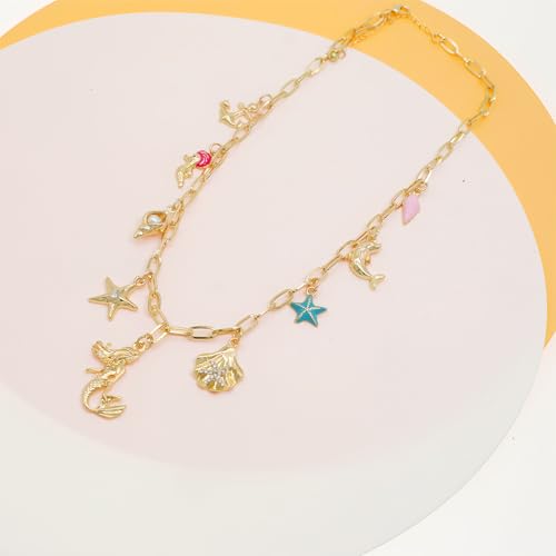 JNF Cute Shell Conch Boho Charm Necklace for Women Sun Moon Star Coin Heart Flower Boot Bow Charms Necklaces Summer Beach Jewelry - color: coastal beach necklace
