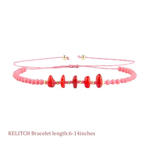 KELITCH Women Natural Stone Beads Anklet Boho Color Beaded Ankle Adjustable Foot Chain Jewelry for Summer Beach Holiday - color: Red 08E