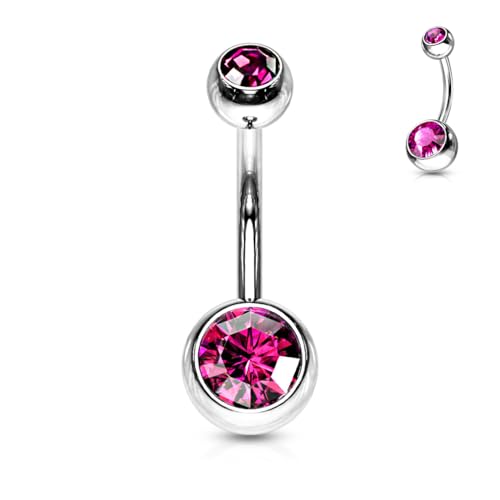 Belly Button Piercing Ring 14 Gauge Surgical Steel - color: Double FUCHSIA CZ gem